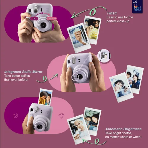Vista 3 de Cámara instantánea Fujifilm Instax Mini 12 color morado lila + estuche de transporte + paquete Fuji Instax Film (40 hojas), paquete de accesorios