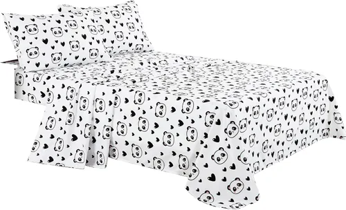 Vista 8 de Chezmoi Collection Juego de sábanas de 3 piezas para niños y adolescentes, microfibra suave, color blanco y negro, estampado de corazones de panda
