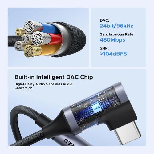 Vista 7 de UGREEN Adaptador de audio USB C a 0.138 in de ángulo recto tipo C conector auxiliar para auriculares 24bit 96kHz HiFi DAC, Braided Cable, Supports