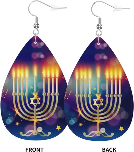 Vista 2 de Happy Hanukkah Jewish Janucah Holiday - Aretes de cuero con forma de lágrima de doble cara para mujeres y niñas, decoración colgante, regalo