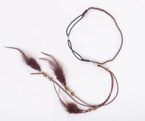 Vista 6 de Jumwrit Diadema de plumas bohemia, diadema india, hippie, gitana, tocado con borlas, cuerda de cáñamo ajustable, diadema con cuentas, accesorios