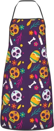 Vista 12 de Delantal de calavera de azúcar, delantales de cocina para hombres y mujeres, delantal de cocina, delantal de chef, delantales de jardín ajustables