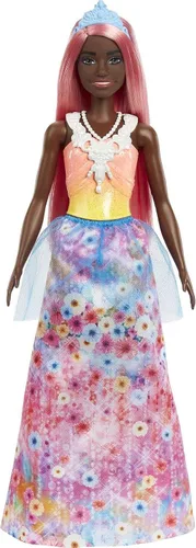 Vista 4 de Barbie Dreamtopia Royal Fashion Muñeca con pelo rosa claro y corpiño brillante con falda extraíble, zapatos y accesorio para la diadema
