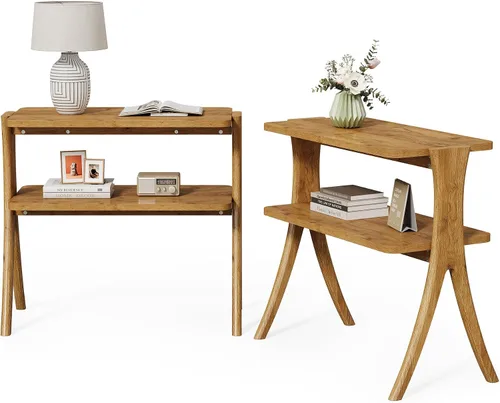 Vista 8 de LITTLE TREE Mesa auxiliar estrecha, mesa de centro de 2 niveles estilo granja con patas de madera maciza, mesa auxiliar pequeña, ahorradora