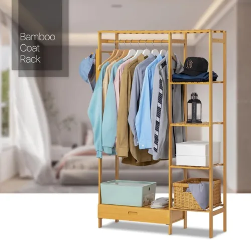 Vista 3 de Multifunctional Bamboo Clothes Rail Stand with Hanging Rod,Sturdy Freestanding Coat,Garment Rack,Open Wardrobe for Bedroom Hallway,Clothing Hanger