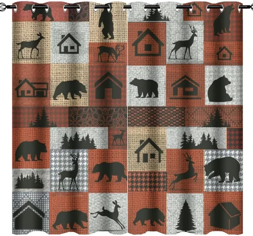 Vista 48 de Cortinas de oscurecimiento estilo campestre con osos, alces y ciervos, cortinas opacas para ventanas con ojales, tratamiento de ventanas eficiente