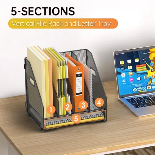 Vista 6 de Docnest Organizador de archivos de escritorio, 4 compartimentos verticales con bandeja de cartas, soporte de archivos de malla con asa