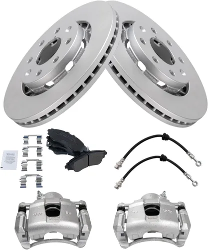Vista 3 de TRQ Kit de pastillas de freno delantero y rotor, pinza de freno, manguera de freno, rotor de freno, semimetálico, revestimiento G, compatible