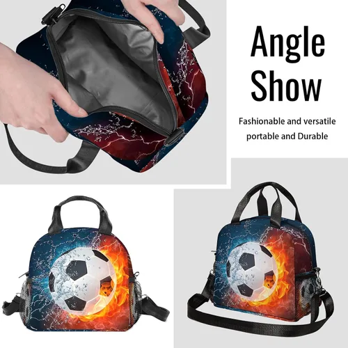 Vista 3 de Bolsa de almuerzo de fútbol con aislamiento, bolsa de comida de gran capacidad para niños, mujeres y hombres, bolsa enfriadora, impermeable, correa