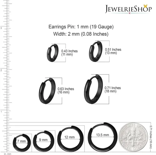 Vista 3 de JewelrieShop - Juego de aretes de aro quirúrgicos dorados, hipoalergénicos, aretes de aro para hombre (oro, negro, aretes de aro de acero inoxidable)
