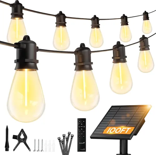 Vista 12 de Minetom Tira de luces solares de 34 pies para exteriores con control remoto, luces de patio con 10 bombillas LED inastillables y ganchos, enchufe