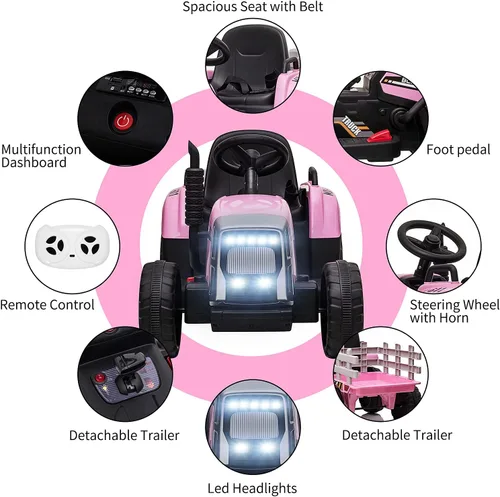 Vista 3 de Tractor eléctrico Nasitip de 12 V con remolque y control remoto Rosa