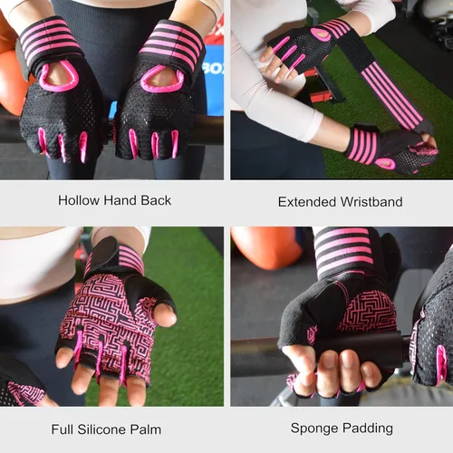 Vista 3 de Guantes de levantamiento de pesas, guantes de entrenamiento acolchados con soporte para muñeca, guantes de gimnasio para mujeres y niñas, gimnasio
