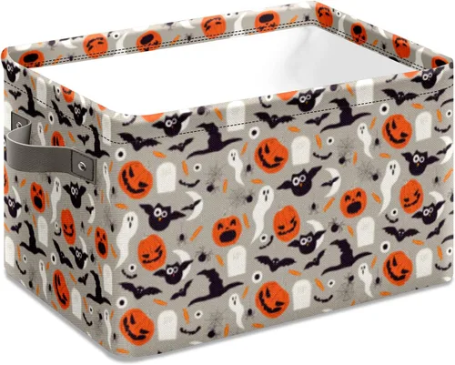 Vista 12 de Cesta de almacenamiento espeluznante de Halloween, bolsas de truco o trato, cubo de almacenamiento plegable grande, organizador plegable de 10 x 14
