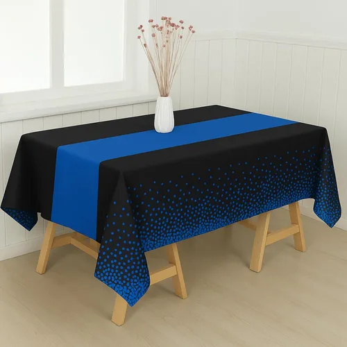 Vista 6 de Manteles de plástico desechables 2 en 1 de 54 x 108 pulgadas, mantel rectangular de cocina con lunares negros y azules, para boda, cumpleaños, baby
