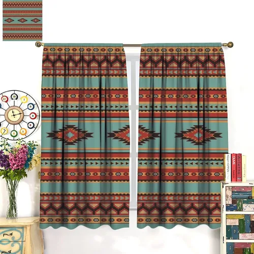 Vista 307 de Cortinas con patrón geométrico tribal, estilo suroeste, azteca, rústico, occidental, nativo americano, opacas, con bolsillo para barra, decoración