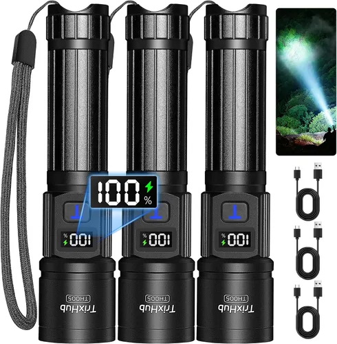 Vista 9 de TrixHub Linternas recargables de alto lúmenes, luz de flash de 5 modos con pantalla digital LCD, linterna táctica ajustable, linterna táctica