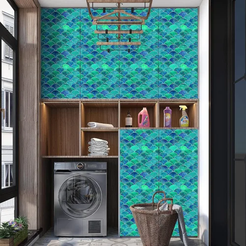 Vista 6 de Hyun-chae - 6 calcomanías de escamas de peces de 12 x 12 pulgadas, color azul, removibles, impermeables, autoadhesivas, para cocina, muebles de baño