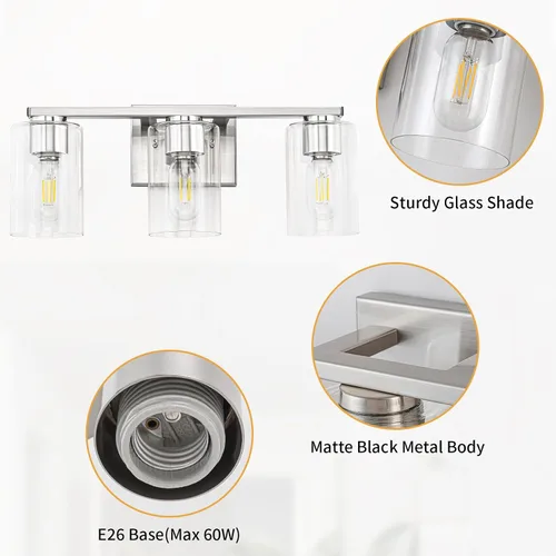 Vista 4 de WILON Lámpara de tocador de baño, 3 luces de tocador modernas de color negro claro con apliques de pared de vidrio transparente con vidrio