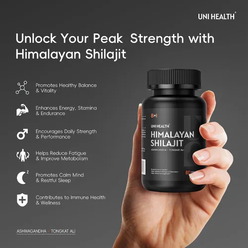 Vista 2 de UniHealth® Shilajit del Himalaya para hombres y mujeres – Tongkat Ali, Ashwagandha, ácido fúlvico, zinc, B6, B12, D3 para hombres – Suplemento puro