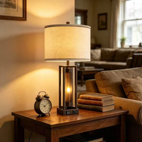 Vista 4 de Lámparas de mesa rústicas para sala de estar con puertos USB C+A, lámpara de mesita de noche vintage de granja con luz nocturna de acrílico ámbar