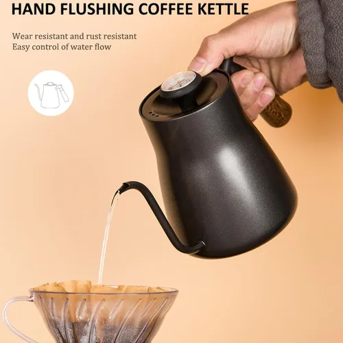 Vista 8 de Hervidor de café de cuello de cisne, hervidor de café de 28.7 fl oz con termómetro, boquilla larga y delgada, mango de madera de acero inoxidable