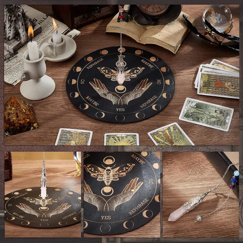 Vista 6 de AHANDMAKER Tabla de péndulo de bruja de 7.8 pulgadas, planchette de madera para radiestesia con péndulos de cristal de cuarzo rosa, herramientas