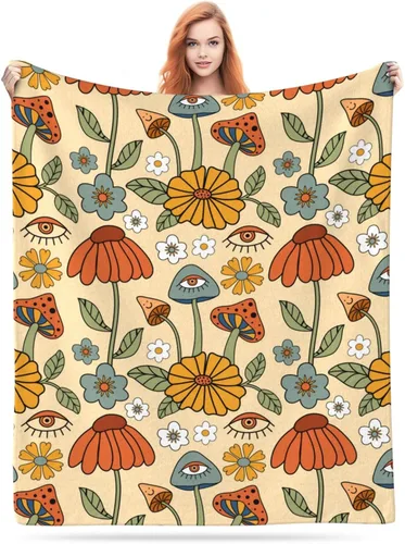 Vista 8 de Manta de hongos florales retro de los años 70, mantas suaves de franela para cama, acogedora y ligera, regalos de felpa para mujeres, hombres