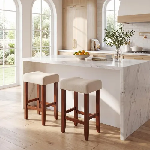 Vista 2 de Giantex 25 Inch Bar Stools, Backless Saddle Barstools with Sponge Padded Cushion, Nailhead Trim, 330 Lbs Wood Bar Stools with Foot Rest for Kitchen