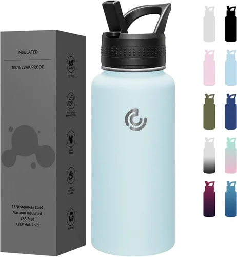Vista 23 de COKTIK Botella de agua deportiva de 22 onzas, botella de agua de acero inoxidable para aislamiento térmico, botella de viaje reutilizable