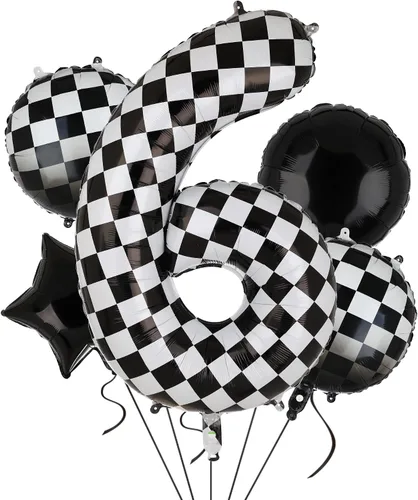 Vista 11 de Globo de números a cuadros de 40 pulgadas 0 globos de cumpleaños de coche de carreras en blanco y negro, globos de cumpleaños para bebé, hippie