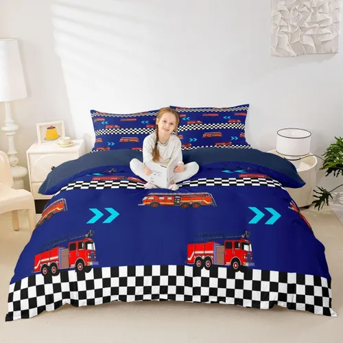 Vista 24 de Feelyou Race Car Duvet Cover Twin Size Boys Girls Speed Sports Car Bedding Set Breathable Soft Racing Comforter Cover 2Pcs Black White Checked Azure