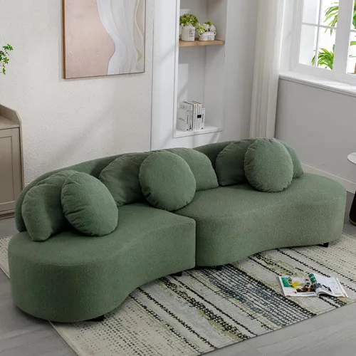 Vista 10 de Moderno sofá tapizado de terciopelo de cordero de 103.9 pulgadas, sofá modular de 4 asientos con 3 almohadas largas y 3 almohadas redondas para sala