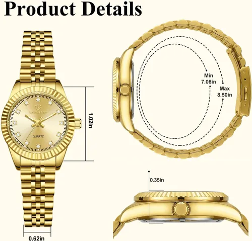 Vista 5 de Juego de reloj de oro para mujer, chapado en oro de 18 quilates, brazalete brazalete anillo para mujer, delicado reloj analógico impermeable
