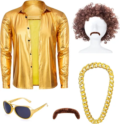 Vista 3 de TOGROP Disfraz de discoteca de los años 70 para hombre, conjunto de camisas doradas de lentejuelas para adultos, cosplay para fiesta de Halloween