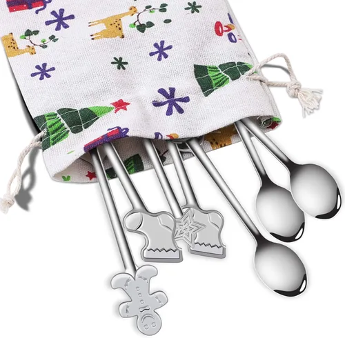 Vista 4 de URATOT 8 cucharas de acero inoxidable para Navidad, café, té, postre, cucharas mezcladoras, rellenos de calcetines de Navidad