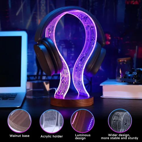Vista 2 de Lampeez Soporte para auriculares con luz nocturna LED azul y rosa, madera de nogal para jugadores, amantes de la música, idea de regalo