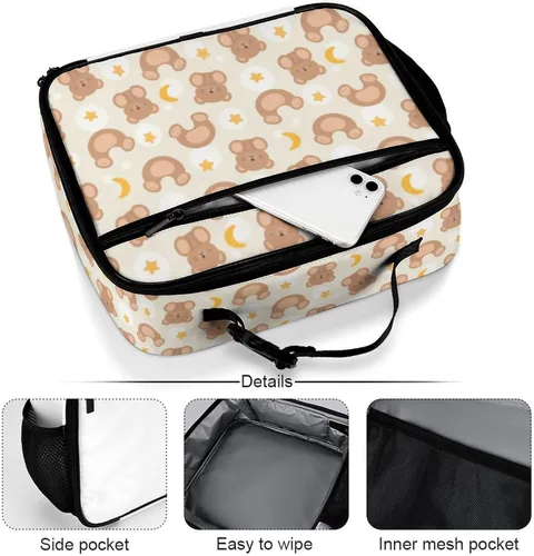 Vista 4 de Lonchera reutilizable con diseño de osos de peluche de color marrón, bolsa térmica con aislamiento, lonchera para comida y comida, bolsa de mano