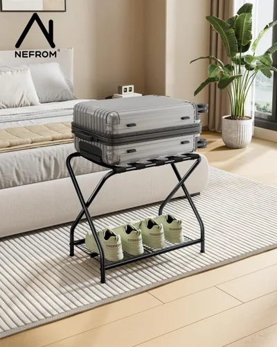 Vista 4 de Portaequipajes, soporte plegable para maleta con estante de almacenamiento, soporte de equipaje de metal para habitación de invitados, dormitorio