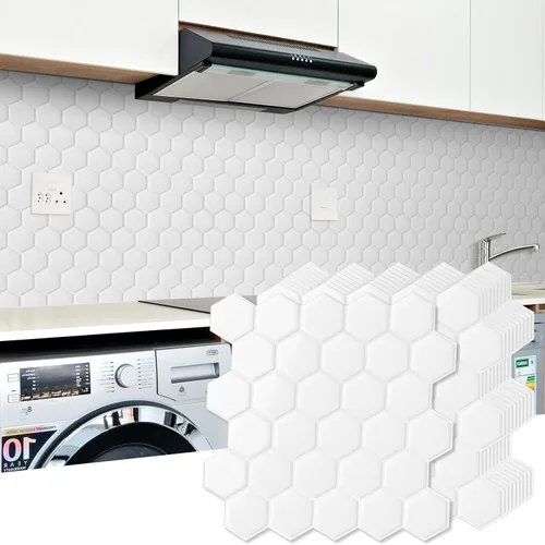 Vista 13 de 10 hojas de azulejos hexagonales autoadhesivos para salpicadero de cocina, nuevo diseño premium extra grueso 3D, azulejos de pared autoadhesivos