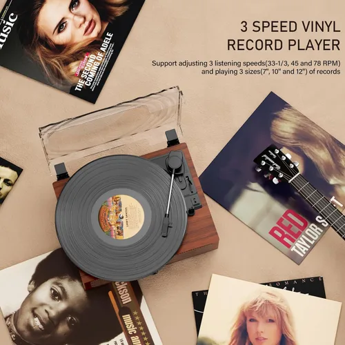 Vista 5 de Tocadiscos de vinilo con receptor Bluetooth integrado y 2 altavoces estéreo, 3 velocidades y 3 tamaños, tocadiscos retro portátil para Amarillo