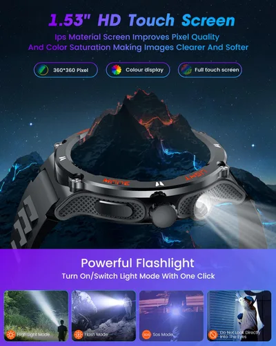 Vista 3 de Reloj inteligente para hombres Android Fitness Tracker: 1.53 "Militar Reloj inteligente con linterna brújula hacer respuesta Bluetooth Llamada