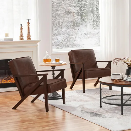 Vista 10 de Yaheetech Silla decorativa, silla de lectura de piel sintética, silla moderna de mediados de siglo con marco de madera maciza para sala de estar