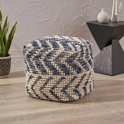 Vista 4 de GDFStudio Taburete otomano de lana y algodón estilo bohemio – Puf – Silla de pie – Sofá reposapiés para sala de estar, dormitorio, blanco y azul