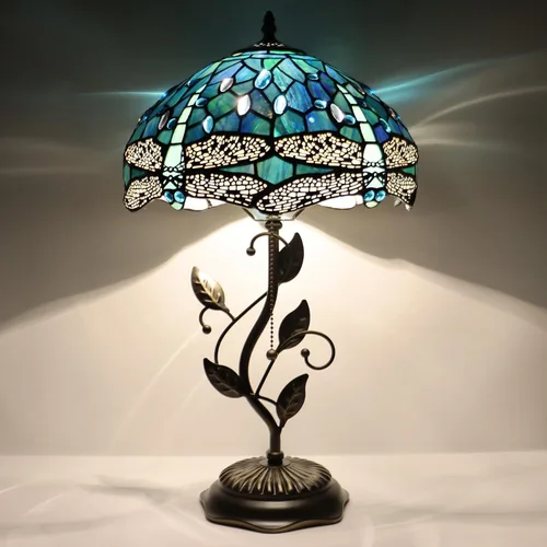 Vista 11 de Tiffany Table Lamp, Pink Stained Glass Desk Light, W12H19 Inch, Metal Leaf Base (Pink Baroque Style)