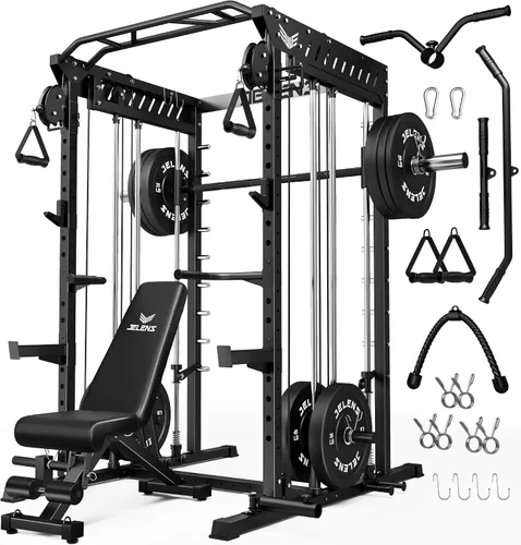 Vista 10 de JELENS M21 - Máquina Smith, jaula de potencia multifunción con sistema de cruce de cable de polea doble, banco de sentadillas todo en uno de 907 kg