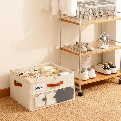 Vista 7 de Organizador de zapatos para armario, caja de almacenamiento de zapatos, caja de zapatos plegable con divisores ajustables y cubierta transparente