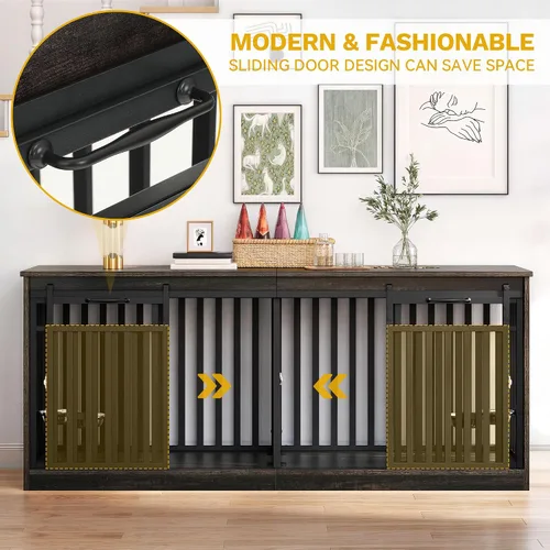 Vista 7 de DWVO Mueble de jaula doble para perros de 71" para 2 perros medianos, perrera doble de madera resistente soporte de TV con puertas correderas, mesa