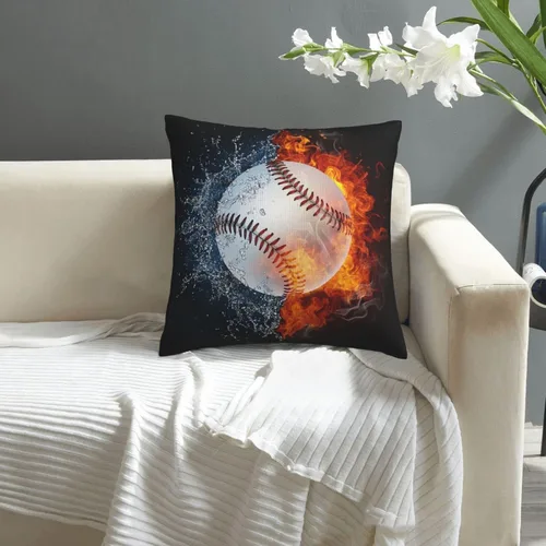 Vista 7 de Funda de almohada cuadrada con diseño de pelota de béisbol con diseño de fuego y agua, funda de cojín decorativa, regalos para niños y hombres, sala