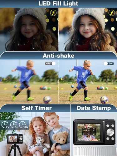 Vista 7 de Cámara digital, FHD 1080P para niños, cámara digital de 44 MP para apuntar y disparar con tarjeta de 32 GB, zoom de 16X, antivibración, sello